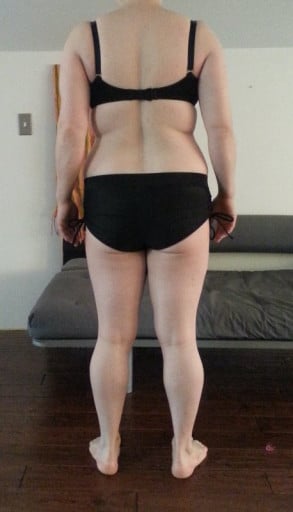 A before and after photo of a 5'4" female showing a snapshot of 166 pounds at a height of 5'4