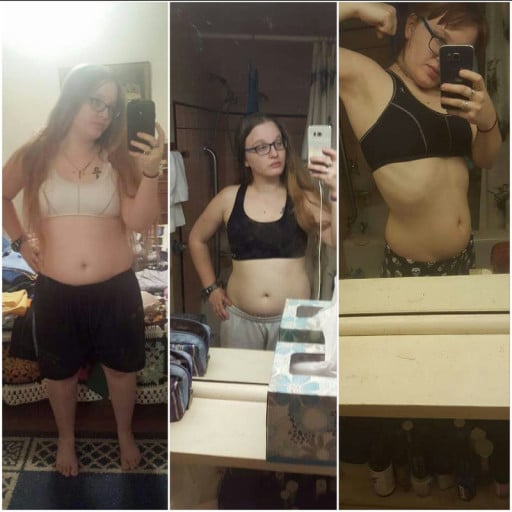 A picture of a 5'2" female showing a weight loss from 165 pounds to 130 pounds. A total loss of 35 pounds.