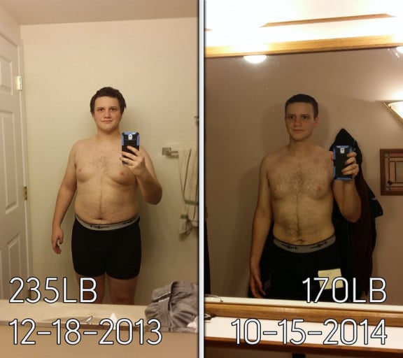 A photo of a 5'10" man showing a weight loss from 235 pounds to 170 pounds. A total loss of 65 pounds.