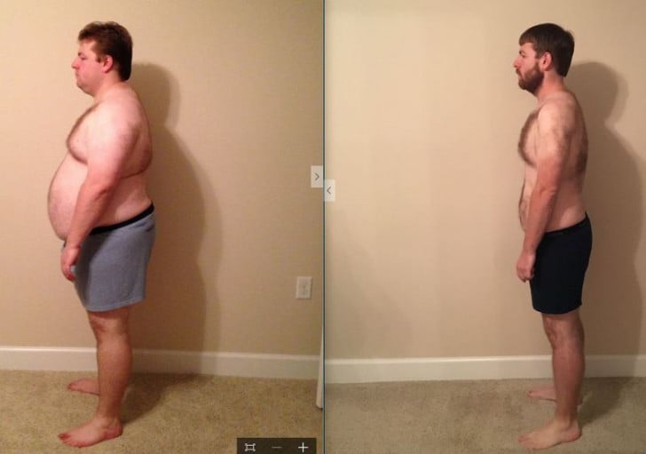 A photo of a 6'0" man showing a fat loss from 400 pounds to 199 pounds. A total loss of 201 pounds.