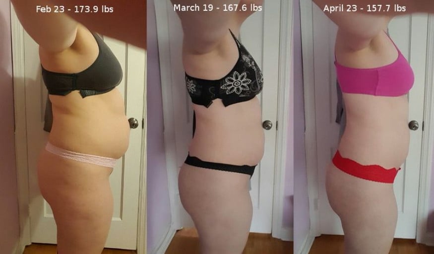 A picture of a 5'5" female showing a weight loss from 173 pounds to 157 pounds. A total loss of 16 pounds.