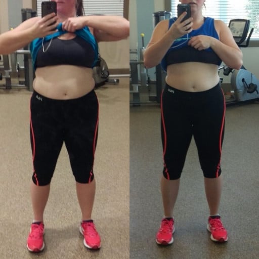 A progress pic of a 5'3" woman showing a fat loss from 178 pounds to 171 pounds. A net loss of 7 pounds.