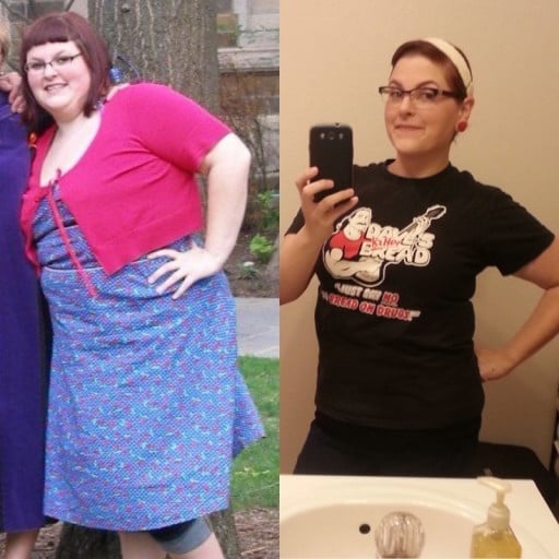 A photo of a 5'4" woman showing a weight cut from 250 pounds to 150 pounds. A total loss of 100 pounds.