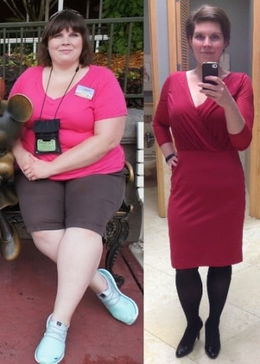 A picture of a 5'9" female showing a weight loss from 317 pounds to 187 pounds. A total loss of 130 pounds.