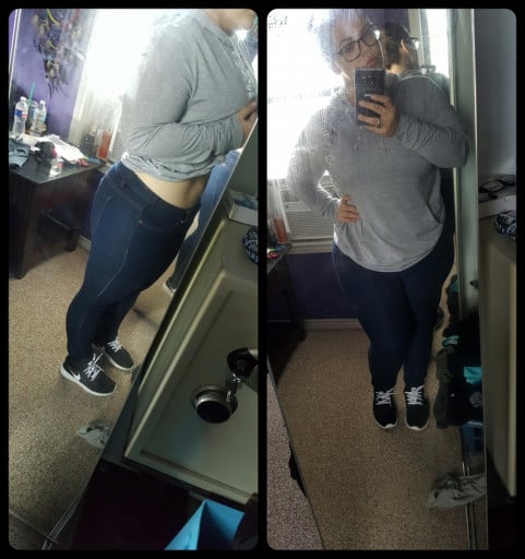 A progress pic of a 5'3" woman showing a weight cut from 270 pounds to 225 pounds. A respectable loss of 45 pounds.