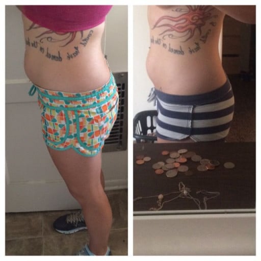 A before and after photo of a 5'7" female showing a weight cut from 173 pounds to 165 pounds. A total loss of 8 pounds.