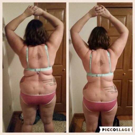 A picture of a 5'5" female showing a weight cut from 235 pounds to 204 pounds. A net loss of 31 pounds.