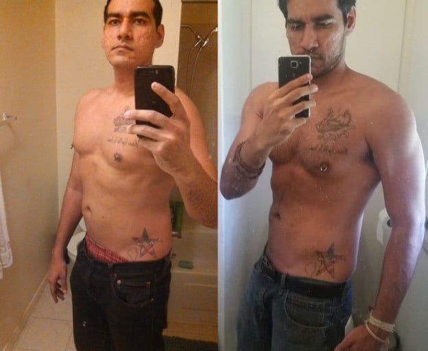 A progress pic of a 6'1" man showing a fat loss from 210 pounds to 190 pounds. A net loss of 20 pounds.