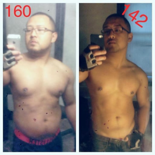 A photo of a 5'2" man showing a weight cut from 160 pounds to 142 pounds. A net loss of 18 pounds.