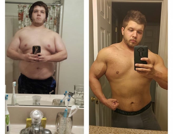 A progress pic of a 5'9" man showing a fat loss from 254 pounds to 210 pounds. A net loss of 44 pounds.