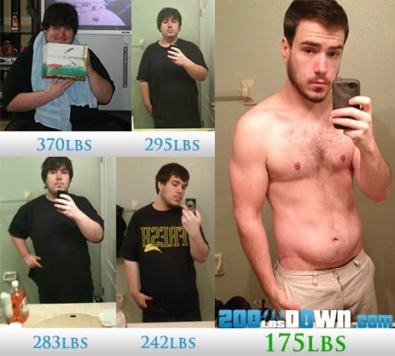 A before and after photo of a 5'10" male showing a weight cut from 370 pounds to 175 pounds. A respectable loss of 195 pounds.