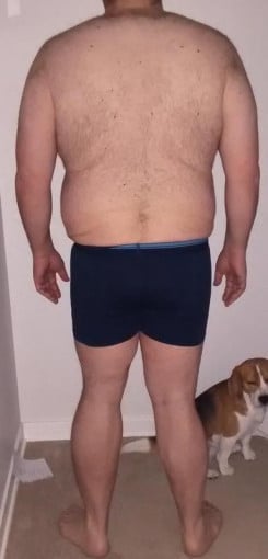 A before and after photo of a 6'2" male showing a snapshot of 297 pounds at a height of 6'2