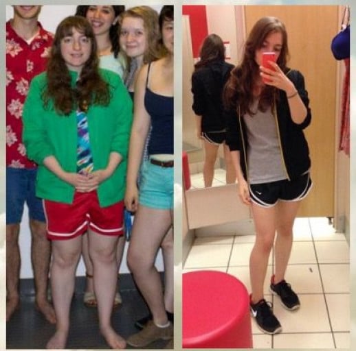 A before and after photo of a 5'2" female showing a weight reduction from 155 pounds to 100 pounds. A respectable loss of 55 pounds.