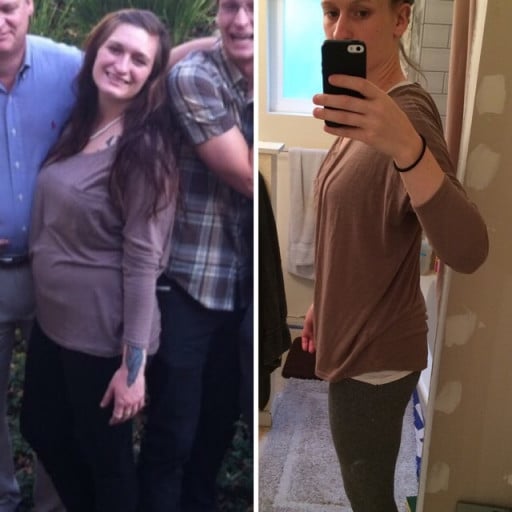 A progress pic of a 5'7" woman showing a weight cut from 210 pounds to 140 pounds. A net loss of 70 pounds.