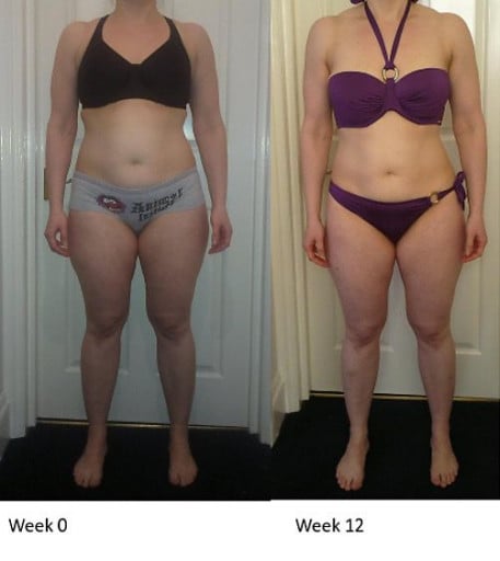 A before and after photo of a 5'2" female showing a snapshot of 144 pounds at a height of 5'2