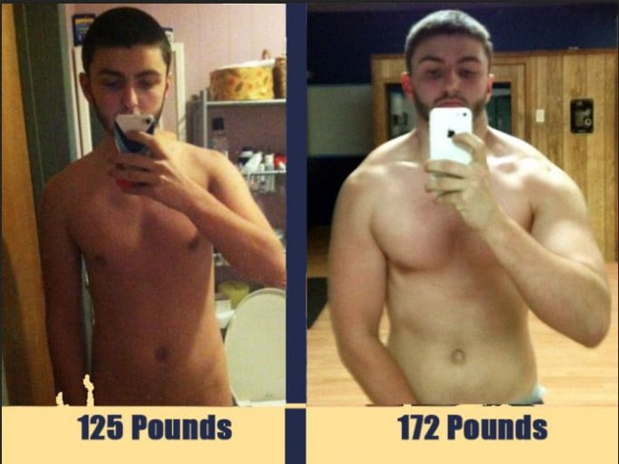 A picture of a 5'10" male showing a weight gain from 125 pounds to 173 pounds. A total gain of 48 pounds.