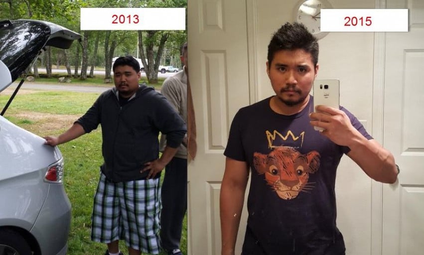A photo of a 5'5" man showing a weight cut from 255 pounds to 162 pounds. A net loss of 93 pounds.