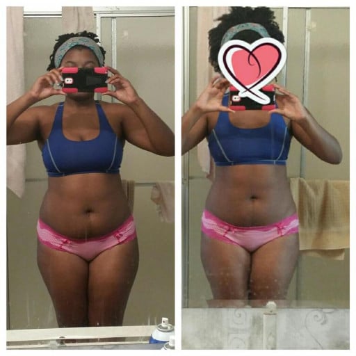 A picture of a 5'7" female showing a weight loss from 195 pounds to 174 pounds. A total loss of 21 pounds.