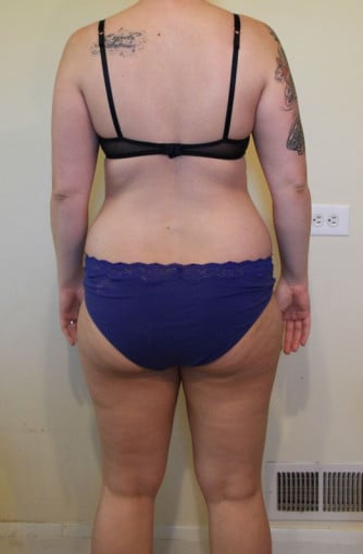 A before and after photo of a 5'7" female showing a snapshot of 178 pounds at a height of 5'7
