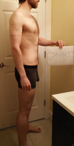 A before and after photo of a 6'2" male showing a snapshot of 184 pounds at a height of 6'2