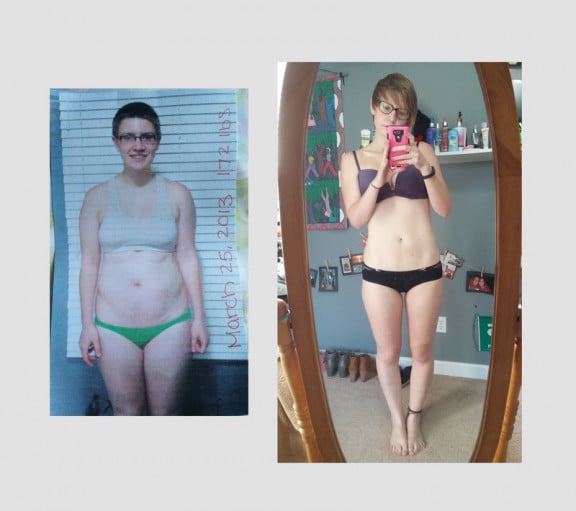 A picture of a 5'8" female showing a weight loss from 172 pounds to 142 pounds. A respectable loss of 30 pounds.