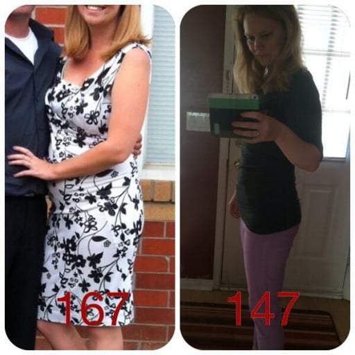 A picture of a 5'9" female showing a weight loss from 167 pounds to 147 pounds. A respectable loss of 20 pounds.