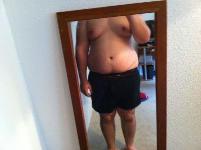 A before and after photo of a 5'7" male showing a fat loss from 265 pounds to 205 pounds. A respectable loss of 60 pounds.