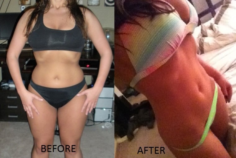 A before and after photo of a 5'3" female showing a weight loss from 168 pounds to 129 pounds. A total loss of 39 pounds.