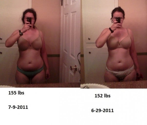 A picture of a 5'5" female showing a fat loss from 155 pounds to 115 pounds. A total loss of 40 pounds.