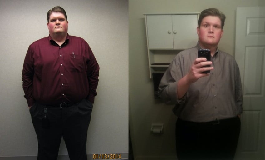 A before and after photo of a 6'4" male showing a weight reduction from 440 pounds to 336 pounds. A total loss of 104 pounds.