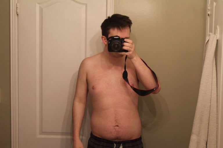 A before and after photo of a 5'11" male showing a fat loss from 220 pounds to 165 pounds. A respectable loss of 55 pounds.