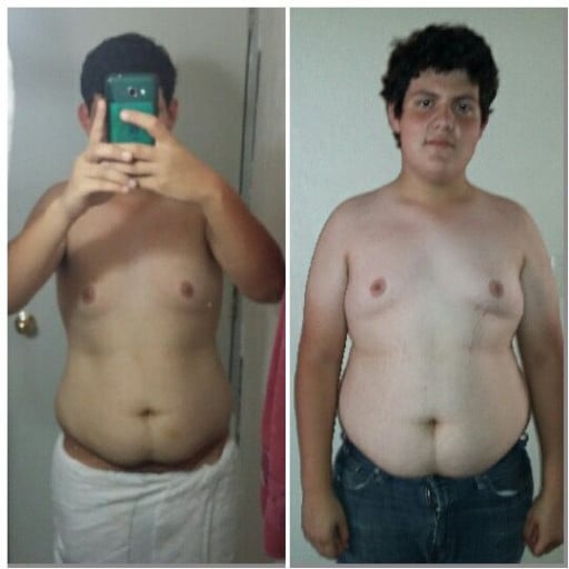 A photo of a 5'4" man showing a weight cut from 253 pounds to 202 pounds. A total loss of 51 pounds.