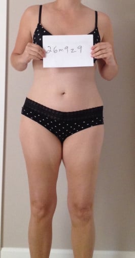 A photo of a 5'5" woman showing a snapshot of 149 pounds at a height of 5'5