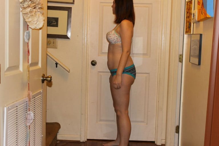 A before and after photo of a 5'6" female showing a snapshot of 155 pounds at a height of 5'6