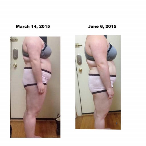 A before and after photo of a 5'3" female showing a snapshot of 198 pounds at a height of 5'3