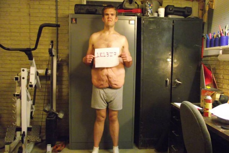 A before and after photo of a 6'4" male showing a snapshot of 228 pounds at a height of 6'4