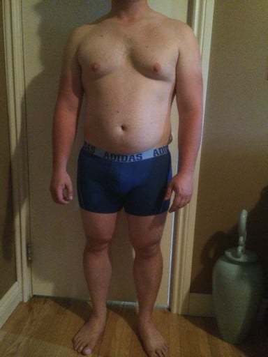 A before and after photo of a 5'8" male showing a snapshot of 216 pounds at a height of 5'8