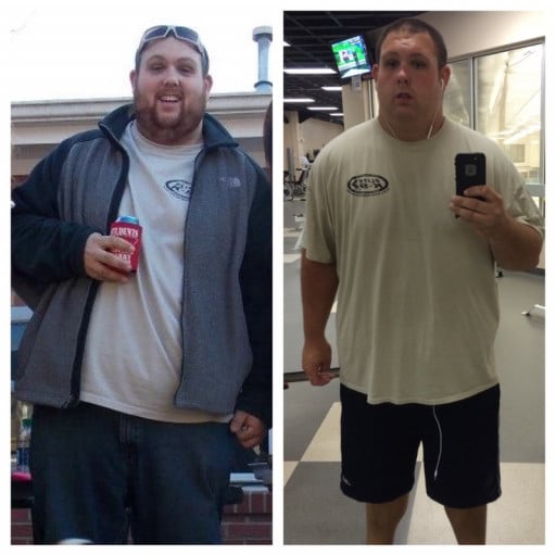 A before and after photo of a 6'1" male showing a weight reduction from 394 pounds to 278 pounds. A total loss of 116 pounds.