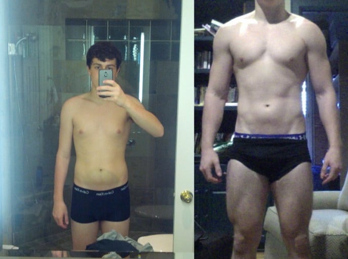 A picture of a 5'10" male showing a weight gain from 140 pounds to 170 pounds. A net gain of 30 pounds.