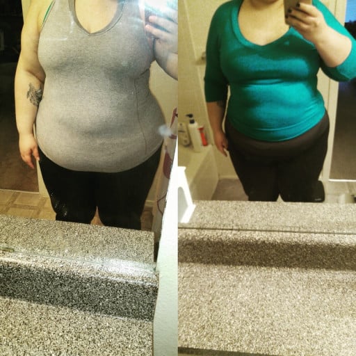 A photo of a 5'4" woman showing a weight cut from 307 pounds to 288 pounds. A net loss of 19 pounds.