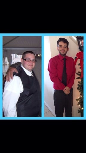 A picture of a 5'6" male showing a weight loss from 310 pounds to 125 pounds. A total loss of 185 pounds.