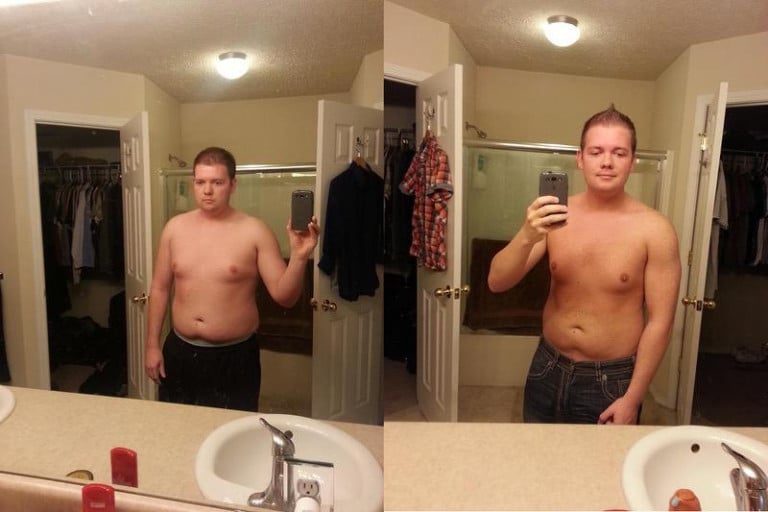 A picture of a 5'10" male showing a weight loss from 235 pounds to 215 pounds. A net loss of 20 pounds.