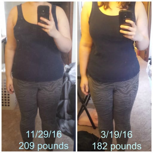A progress pic of a 5'5" woman showing a weight reduction from 209 pounds to 182 pounds. A total loss of 27 pounds.