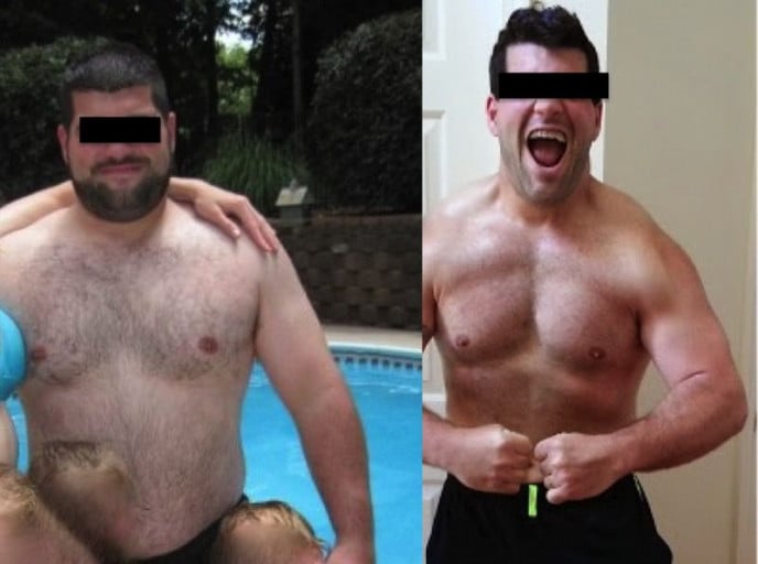 A photo of a 5'8" man showing a fat loss from 270 pounds to 210 pounds. A total loss of 60 pounds.