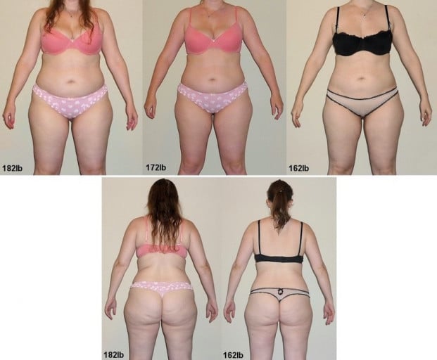 A progress pic of a 5'5" woman showing a fat loss from 182 pounds to 162 pounds. A respectable loss of 20 pounds.