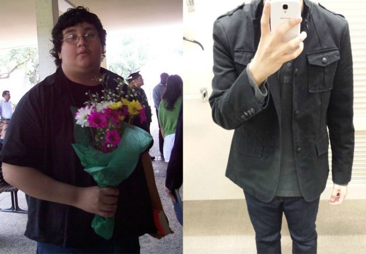 A before and after photo of a 6'0" male showing a weight cut from 400 pounds to 175 pounds. A respectable loss of 225 pounds.