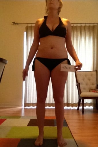 A before and after photo of a 5'5" female showing a snapshot of 140 pounds at a height of 5'5
