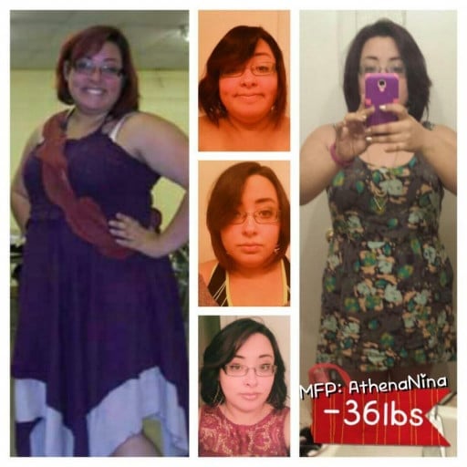 A picture of a 5'6" female showing a weight loss from 240 pounds to 204 pounds. A total loss of 36 pounds.