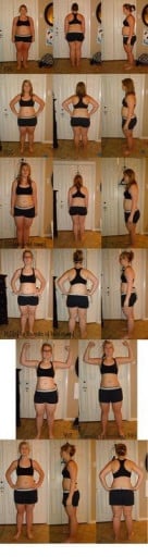 A before and after photo of a 5'2" female showing a fat loss from 200 pounds to 145 pounds. A net loss of 55 pounds.