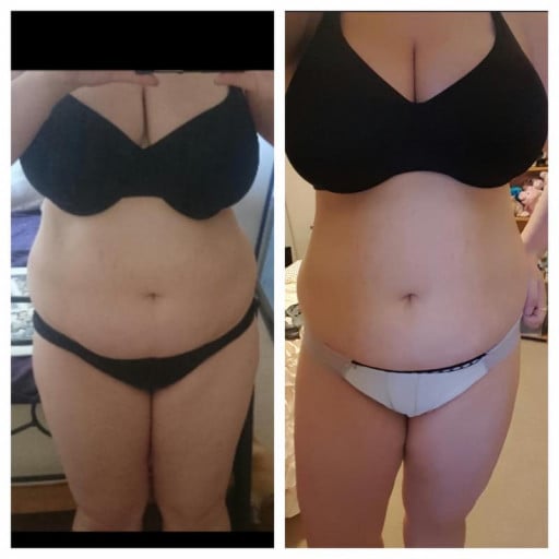 A progress pic of a 5'5" woman showing a fat loss from 204 pounds to 187 pounds. A respectable loss of 17 pounds.